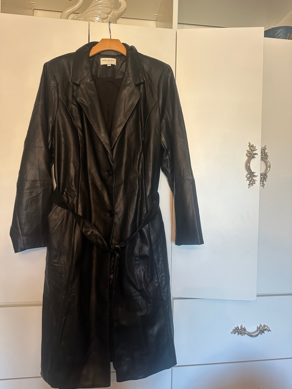 Black faux soft  Leather Trench Coat with Self-Tie Belt